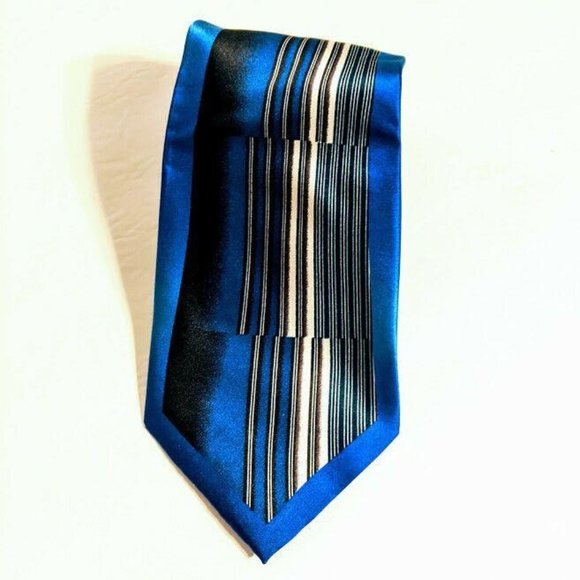 Men's Il Canto Black Blue Striped Neck Tie - Picture 3 of 5